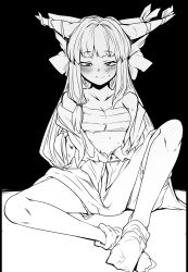 Rule 34 | 1girl, blush, breasts, chest sarashi, closed mouth, commentary, greyscale, highres, horn ornament, horn ribbon, horns, ibuki suika, indian style, long hair, looking at viewer, mizuga, monochrome, ribbon, sarashi, sitting, small breasts, solo, sweatdrop, symbol-only commentary, touhou