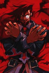 Rule 34 | 1boy, arc system works, bat (animal), beard, coat, collared shirt, commentary request, facial hair, fingernails, guilty gear, hands up, hungry clicker, long sleeves, looking at viewer, male focus, monocle, mustache, necktie, red background, red hair, red necktie, shirt, slayer (guilty gear), solo, upper body, wing collar