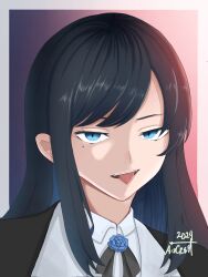 Rule 34 | 1girl, ado (utaite), aizcrest arts, black hair, black ribbon, blue eyes, blue flower, blue hair, blue rose, border, chando (ado), cloud nine inc, collared shirt, colored inner hair, commentary, corrupted twitter file, dated, flower, flower brooch, hashtag only commentary, highres, long hair, looking at viewer, mole, mole under eye, multicolored hair, neck ribbon, open mouth, outside border, portrait, ribbon, rose, shirt, sidelocks, signature, solo, swept bangs, teeth, tongue, tongue out, upper teeth only, utaite, white border, white shirt