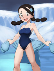 Rule 34 | 1girl, :d, alternate costume, bare arms, black hair, blue one-piece swimsuit, blush, breasts, brown eyes, candice (pokemon), collarbone, commentary request, creatures (company), game freak, gym leader, hair ornament, hairclip, highres, holding, knees, legs apart, long hair, looking at viewer, miraa (chikurin), multi-tied hair, nintendo, one-piece swimsuit, open mouth, outdoors, pokemon, pokemon dppt, smile, snow, solo, standing, sweater, swimsuit, tongue, twintails, unworn sweater