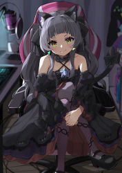 Rule 34 | 1girl, absurdres, anbasa (amaneyuz13), animal ears, black dress, black sleeves, blunt bangs, blurry, blush, bow, brooch, cat ears, cat girl, cat tail, center frills, chain print, chair, choker, criss-cross halter, cup, depth of field, desk, detached sleeves, dress, dress bow, earrings, frilled choker, frilled dress, frilled ribbon, frills, gaming chair, gothic lolita, hair ribbon, halter dress, halterneck, highres, hololive, indoors, jewelry, keyboard (computer), layered dress, lolita fashion, long hair, looking at viewer, microphone, mouse (computer), mug, murasaki shion, murasaki shion (gothic lolita), pantyhose, pinstripe dress, pinstripe pattern, print pantyhose, purple pantyhose, ribbon, short dress, short eyebrows, silver hair, sitting, sleeveless, sleeveless dress, smile, solo, star (symbol), striped, swivel chair, tail, tail bow, tail ornament, two side up, virtual youtuber, wide sleeves, yellow eyes