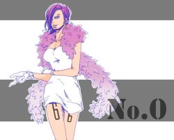 Rule 34 | 1girl, blue eyes, breasts, curly eyebrow, dress, earrings, feather boa, female focus, gloves, jewelry, one piece, pink hair, short hair, solo, tattoo, thighs, vinsmoke reiju, white dress