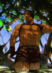 Rule 34 | 1boy, abs, animal ears, bad id, bad pixiv id, bara, belt, black hair, blush, cat boy, cat ears, cat tail, chest harness, cowboy shot, forest, gloves, harness, highres, large pectorals, leaf, male focus, muscular, nature, navel, nipples, open pants, original, pants, pectorals, sagami jon, short hair, shorts, solo, tail, thick thighs, thighs, topless male, tree, tree shade, wet