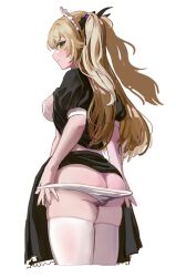 Rule 34 | 1girl, absurdres, apron, ass, bat ornament, black skirt, blonde hair, blush, breasts, clothes lift, fischl (genshin impact), genshin impact, green eyes, highres, long hair, long skirt, looking at viewer, maid, maid apron, maid headdress, medium breasts, panties, panty pull, puffy short sleeves, puffy sleeves, revision, ribbon, short sleeves, simple background, skirt, skirt lift, solo, thighhighs, two side up, underwear, white panties, white thighhighs, yoozzz