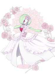Rule 34 | 1other, absurdres, arm out of sleeve, clothed pokemon, colored skin, commentary request, creatures (company), dress, flower, frilled dress, frills, full body, game freak, gardevoir, gen 3 pokemon, green hair, hair flower, hair ornament, highres, medium hair, nintendo, pink eyes, pokemon, pokemon (creature), ruri (ruriblackrose001), solo, standing, white dress, white skin
