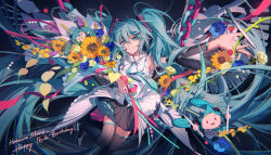 Rule 34 | 1girl, absurdres, aqua eyes, aqua hair, bouquet, commentary request, detached sleeves, flower, grin, hatsune miku, highres, holding, holding bouquet, holding flower, long hair, looking at viewer, number tattoo, nyansky, smile, solo, tattoo, teeth, twintails, very long hair, vocaloid