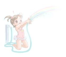 Rule 34 | !, 1girl, armpits, brown eyes, brown hair, casual one-piece swimsuit, child, female focus, flat chest, frilled swimsuit, frills, full body, hose, kneeling, one-piece swimsuit, pink one-piece swimsuit, rainbow, short hair, side ponytail, solo, suzu kasutera, swimsuit, water, white background