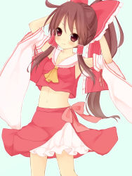 Rule 34 | 1girl, armpits, arms behind head, arms up, bad id, bad pixiv id, blush, brown eyes, brown hair, detached sleeves, female focus, hair ribbon, hakurei reimu, japanese clothes, making-of available, midriff, miko, navel, ponytail, purin jiisan, ribbon, solo, touhou