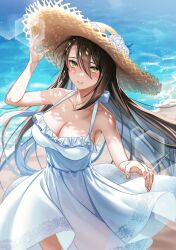 Rule 34 | 1girl, adjusting clothes, adjusting headwear, agent (girls&#039; frontline), alternate costume, alternate hairstyle, beach, black hair, blush, breasts, chinese commentary, cleavage, collarbone, commentary request, commission, dress, flower, girls&#039; frontline, hair bun, hat, hat flower, highres, iria (yumeirokingyo), jewelry, large breasts, lens flare, looking at viewer, ring, rose, second-party source, skeb commission, smile, solo, standing, straw hat, sun hat, sundress, water, white dress, white flower, white rose, yellow eyes