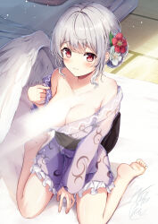 Rule 34 | 1girl, ahoge, alternate costume, alternate hairstyle, barefoot, blush, breasts, cleavage, closed mouth, collarbone, commentary request, dress, flower, full body, grey hair, hair flower, hair ornament, highres, indoors, kishin sagume, large breasts, light censor, light rays, looking at viewer, niko kusa, purple dress, red eyes, short hair, single wing, sitting, smile, solo, touhou, variant set, wariza, wings