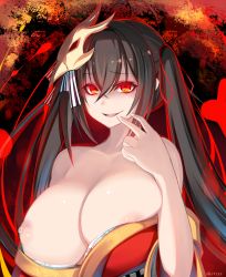 Rule 34 | 1girl, ahoge, azur lane, bare shoulders, black hair, blush, breasts, collarbone, finger to face, hair between eyes, hair ornament, hair ribbon, hand up, highres, huge breasts, japanese clothes, kimono, long hair, looking at viewer, nipple slip, nipples, off shoulder, open mouth, red eyes, ribbon, shaded face, shiki (psychedelic g2), smile, smirk, solo, taihou (azur lane), twintails, twitter username, very long hair
