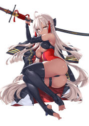 Rule 34 | 1girl, ahoge, arm guards, ass, bare shoulders, black bow, black thighhighs, bow, breasts, brown eyes, brown hair, cleavage, commentary, covered erect nipples, dark-skinned female, dark skin, dress, fate/grand order, fate (series), full body, grey eyes, hair between eyes, hair bow, hair ornament, highres, holding, holding sword, holding weapon, katana, kylin, long hair, looking at viewer, lying, medium breasts, okita souji (fate), okita souji alter (fate), on side, red dress, short dress, simple background, skindentation, solo, stirrup legwear, sword, tassel, thigh strap, thighhighs, toeless legwear, toenails, v-shaped eyebrows, very long hair, weapon, white background