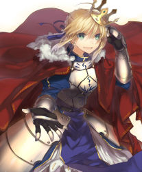 Rule 34 | 1girl, :d, ahoge, armor, armored dress, artoria pendragon (fate), bad id, bad pixiv id, blonde hair, bow, cape, crown, fate/stay night, fate (series), gauntlets, green eyes, hair bow, hair ribbon, kazutake hazano, looking at viewer, open mouth, reaching, ribbon, saber (fate), smile, solo