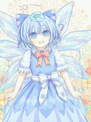 Rule 34 | 1girl, ?, @ @, absurdres, blue bow, blue dress, blue hair, bow, bowtie, cirno, commentary request, detached wings, dress, floral background, frozen frog, hair bow, highres, ice, ice wings, open mouth, red bow, red bowtie, ro.ro, short hair, short sleeves, snowflakes, solo, touhou, wings