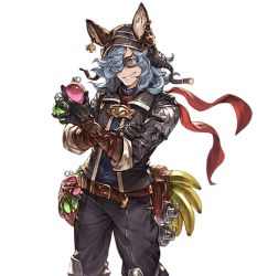 Rule 34 | 10s, 1boy, alpha transparency, animal ears, banana, belt, blue hair, cowboy shot, drang (granblue fantasy), erune, explosive, food, fruit, goggles, granblue fantasy, grenade, grin, hair over one eye, holster, jacket, long hair, male focus, minaba hideo, official art, pilot suit, racing suit, scarf, smile, solo, transparent background