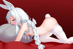 Rule 34 | 1girl, all fours, animal ear fluff, animal ears, ass, azur lane, bed, blue eyes, blush, braid, breast press, breasts, chinese commentary, denfunsan, face in pillow, fake animal ears, from side, highres, le malin (azur lane), le malin (listless lapin) (azur lane), long hair, hugging object, official alternate costume, panties, panty pull, pantyhose, pillow, pillow hug, rabbit ears, red background, silver hair, simple background, small breasts, solo, thigh strap, thighs, topless, twin braids, twintails, underwear, white pantyhose