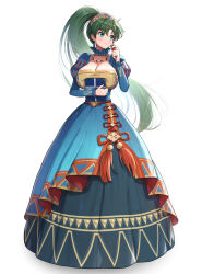 Rule 34 | 1girl, absurdres, alternate costume, blue dress, breasts, cleavage, collarbone, commentary request, dress, earrings, fire emblem, fire emblem: the blazing blade, fire emblem heroes, gonzarez, green eyes, green hair, hairband, hand up, highres, holding, jewelry, juliet sleeves, large breasts, long hair, long sleeves, lyn (fire emblem), lyn (valentine) (fire emblem), necklace, nintendo, official alternate costume, ponytail, puffy sleeves, solo, very long hair