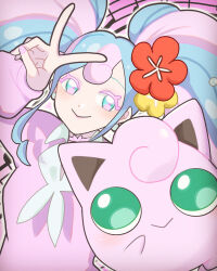 Rule 34 | 1girl, absurdres, blue eyes, blue hair, colored eyelashes, creatures (company), fairy miku (project voltage), flower, game freak, gen 1 pokemon, hair flower, hair ornament, hatsune miku, highres, jigglypuff, kotomine hisui, long hair, long sleeves, multicolored eyes, multicolored hair, nail polish, nintendo, orange flower, pink eyes, pink hair, pink nails, pink sweater, pokemon, pokemon (creature), project voltage, smile, staff (music), sweater, twintails, v, vocaloid, yellow flower