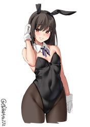 Rule 34 | 1girl, animal ears, arm at side, bare shoulders, black hair, black leotard, blush, breasts, covered navel, cropped legs, detached collar, ebifurya, fake animal ears, foreshortening, gloves, grin, hayashio (kancolle), highleg, highleg leotard, highres, kantai collection, leotard, looking at viewer, neck ribbon, no mole, one-hour drawing challenge, pantyhose, playboy bunny, rabbit ears, ribbon, simple background, small breasts, smile, solo, strapless, strapless leotard, twitter username, white background, white gloves