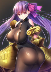 Rule 34 | 10s, 1girl, ame wa a ga tsutano?, ass, bad anatomy, bodysuit, breasts, cleavage, fate/extra, fate/extra ccc, fate (series), hair ribbon, large breasts, long hair, o-ring, o-ring top, pantyhose, passionlip (fate), purple eyes, purple hair, ribbon, solo, twisted torso