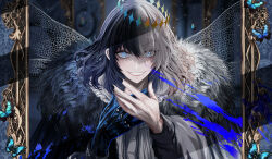 Rule 34 | 1boy, antinese, arthropod boy, black hair, blue eyes, bug, cape, cloak, collared shirt, crown, diamond hairband, dragonfly wings, dual persona, fate/grand order, fate (series), fur-trimmed cape, fur-trimmed cloak, fur trim, grey hair, highres, insect wings, long sleeves, looking at viewer, male focus, medium hair, multicolored hair, oberon (fate), oberon (third ascension) (fate), official alternate hair color, shirt, smile, solo, split-color hair, upper body, white shirt, wings