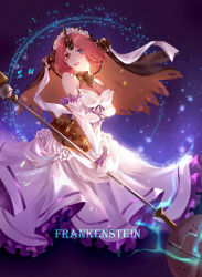 Rule 34 | 1girl, absurdres, blue eyes, brown eyes, character name, cleavage, detached sleeves, dress, fate/apocrypha, fate (series), floating hair, flower, frankenstein&#039;s monster (fate), frilled dress, frills, hair flower, hair ornament, head wreath, heterochromia, highres, holding, horns, long dress, long sleeves, purple background, red hair, see-through, see-through cleavage, short hair, sleeveless, sleeveless dress, solo, user szcd8257, veil, wedding dress, white dress, white flower, white sleeves