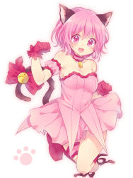 Rule 34 | 00s, 1girl, :d, animal ears, bare shoulders, bell, blush, bow, cat ears, cat tail, dress, gloves, highres, jingle bell, magical girl, mew ichigo, momomiya ichigo, open mouth, pink dress, pink eyes, pink gloves, pink hair, short hair, simple background, smile, solo, tail, tail bow, tail ornament, tokyo mew mew, white background