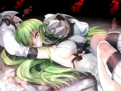 Rule 34 | 1girl, armpits, blush, breasts, c.c., claws, code geass, cosplay, creayus, detached sleeves, dress, green hair, kantai collection, large breasts, long hair, looking at viewer, lying, on back, ribbed dress, ribbed sweater, seaport hime (cosplay), seaport princess, short dress, sideboob, solo, sweater, sweater dress, yellow eyes