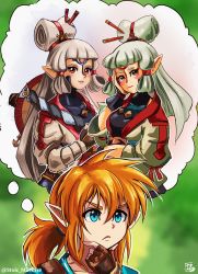 Rule 34 | 1boy, 2girls, blonde hair, blue eyes, blue shirt, eye symbol, grandmother and granddaughter, green background, hand on own chin, hat, hat on back, highres, hyrule warriors: age of calamity, impa, link, long hair, multiple girls, nintendo, paya (zelda), pointy ears, ponytail, red eyes, sheikah, shirt, stoic seraphim, the legend of zelda, the legend of zelda: breath of the wild, thought bubble, watermark