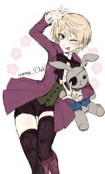 1boy alois_trancy arm_up bishounen black_bow black_bowtie black_shorts black_thighhighs blazer blonde_hair blue_eyes boots bow bowtie brown_footwear buttons closed_mouth collared_shirt cowboy_shot eyelashes green_vest hair_between_eyes highres holding holding_stuffed_toy jacket jewelry kuroshitsuji lapels long_sleeves looking_at_viewer male_focus notched_lapels one_eye_closed purple_jacket ring shirt short_hair short_shorts shorts simple_background sketch smile solo standing standing_on_one_leg stuffed_animal stuffed_rabbit stuffed_toy thighhighs tongue tongue_out twitter_username v v-shaped_eyebrows vest white_background white_shirt wormy_owo