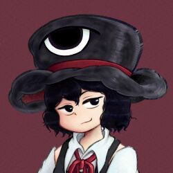 Rule 34 | 1other, androgynous, black eyes, black hair, black hat, chikafumikou, closed mouth, collared shirt, commentary request, detached sleeves, enraku tsubakura, hat, len&#039;en, neck ribbon, other focus, portrait, red background, red ribbon, ribbon, shirt, short hair, simple background, sleeveless, sleeveless shirt, smirk, solo, white shirt, white sleeves