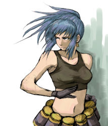 Rule 34 | 1girl, bare shoulders, blue hair, floating hair, gloves, graphite (medium), leona heidern, looking away, midriff, mimiyama kiichi, mixed media, ponytail, snk, solo, sports bra, the king of fighters, traditional media, wind