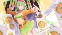 Rule 34 | 1girl, absurdres, brooch, cd, collar, commentary, cowboy shot, detached collar, foreshortening, goggles, goggles on head, graphic equalizer, green eyes, green hair, green skirt, green tube top, grin, gumi, gumi (ai megpoid), hand on headphones, hand up, headphones, highres, jacket, jewelry, layered skirt, looking at viewer, miniskirt, one eye closed, orange jacket, orange skirt, outstretched arm, pleated skirt, red goggles, shirt, short hair with long locks, sidelocks, skirt, smile, solo, sound wave, speaker, star (symbol), star print, strapless, tube top, vocaloid, wanaxtuco, white collar, yellow shirt
