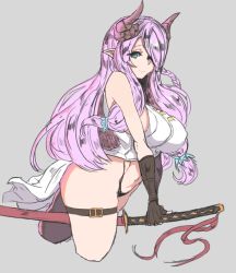 Rule 34 | 10s, 1girl, black gloves, blue eyes, braid, breasts, cropped legs, curvy, draph, covered erect nipples, female focus, gloves, granblue fantasy, grey background, hair over one eye, holding, holding sword, holding weapon, horns, katana, large breasts, long hair, looking at viewer, mason 69, narmaya (granblue fantasy), navel, pointy ears, purple hair, sheath, sheathed, simple background, smile, solo, sword, weapon, wide hips
