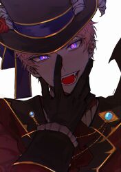 Rule 34 | 1boy, black gloves, commentary, ensemble stars!, fangs, gloves, hand on own face, hand up, highres, itsuki shu, long sleeves, looking at viewer, male focus, purple eyes, simple background, solo, symbol-only commentary, teeth, twitter username, upper body, utahyaya, white background