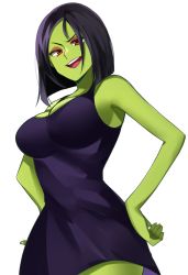 Rule 34 | 1girl, banjo-kazooie, black dress, black hair, breasts, cleavage, colored skin, commentary request, dress, eyeshadow, green skin, gruntilda winkybunion, hands on own hips, highres, katsuobushi (eba games), large breasts, lipstick, makeup, open mouth, red eyes, red eyeshadow, short hair, simple background, sleeveless, sleeveless dress, smile, solo, white background