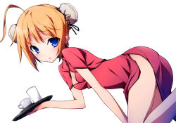 Rule 34 | 1girl, absurdres, ahoge, blue eyes, breasts, bun cover, china dress, chinese clothes, cleavage, cleavage cutout, clothing cutout, double bun, dress, dutch angle, hair bun, highres, kikuchi seiji, konoe subaru, leaning forward, long legs, mayo chiki!, no panties, open mouth, orange hair, red dress, scan, short hair, simple background, small breasts, solo, tears, tray, white background