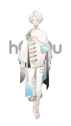 Rule 34 | 1boy, absurdres, ahoge, anklet, aqua eyes, aqua gemstone, aqua nails, artist request, barefoot, cape, cloak, copyright name, crystal earrings, earrings, elbow gloves, fingerless gloves, gloves, hair over one eye, hand on own chest, highres, houou project, jewelry, logo, long sleeves, looking at viewer, nail polish, official art, one eye covered, pants, sankaai, see-through, see-through sleeves, short hair, simple background, solo, standing, virtual youtuber, white background, white cloak, white gloves, white hair, white pants