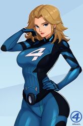 1girl absurdres animification blonde_hair blue_bodysuit blue_eyes bodysuit breasts commentary earrings english_commentary fantastic_four hand_on_own_hip highres hoop_earrings jewelry looking_at_viewer marvel marvel_rivals medium_breasts official_alternate_color official_alternate_costume simple_background smgold smile solo sue_storm superhero_costume