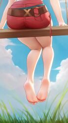 Rule 34 | 1girl, absurdres, ass, atelier (series), atelier ryza, barefoot, feet, from behind, from below, grass, head out of frame, highres, legs, lower body, reisalin stout, short shorts, shorts, sitting, soles, swing, toes, zhenli-mari