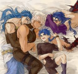 Rule 34 | 4boys, absurdres, archer (fate), character request, clone harem, cu chulainn (caster) (fate), cu chulainn (fate), cu chulainn alter (fate), cuddling, detached sleeves, fate/grand order, fate (series), from above, hair down, highres, hug, hug from behind, large pectorals, lying, male focus, male harem, multiple boys, muscular, muscular male, on stomach, pectorals, profile, sleeping, spread legs, surisudou, thick eyebrows, topless male, yaoi