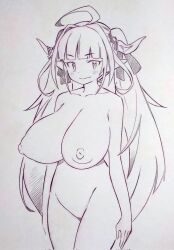 Rule 34 | 1girl, ahoge, blunt bangs, blush, breasts, closed mouth, commentary request, completely nude, corrupted twitter file, dragon girl, dragon horns, highres, hololive, horns, kiryu coco, large breasts, long hair, looking at viewer, monochrome, nipples, nude, pointy ears, smile, solo, standing, traditional media, tsukareta san, virtual youtuber