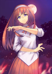 Rule 34 | &gt;:(, 00s, 1girl, black cat ronaldinho, blue eyes, collared shirt, fire, frown, long skirt, looking at viewer, moon, red hair, red moon, red skirt, shirt, skirt, solo, tohno akiha, tsukihime, type-moon, v-shaped eyebrows