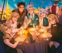 4girls 6+boys aether_(genshin_impact) alcohol animal_ears arlecchino_(genshin_impact) black_dress black_hair black_pants black_shirt blonde_hair blue_dress blue_eyes blue_hair blue_vest bottle bow bowtie breasts brown_hair cat_ears chalseu closed_mouth cup desk dress drinking_glass earrings freminet_(genshin_impact) furina_(genshin_impact) genshin_impact glass grey_hair grey_vest hair_bow hair_over_one_eye highres holding holding_cup jewelry long_hair lynette_(genshin_impact) lyney_(genshin_impact) medium_breasts multicolored_hair multiple_boys multiple_girls navia_(genshin_impact) necktie neuvillette_(genshin_impact) one_eye_closed pants red_bow red_bowtie red_necktie shirt smile table tongue tongue_out vest white_bow white_bowtie white_hair white_shirt wine wine_bottle wine_glass wriothesley_(genshin_impact) xiao_(genshin_impact)