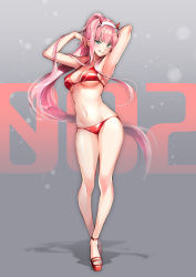 Rule 34 | 10s, 1girl, :q, armpits, arms up, bare arms, bare shoulders, bikini, blush, breasts, closed mouth, commentary request, darling in the franxx, female focus, green eyes, high ponytail, horns, large breasts, long hair, looking at viewer, navel, pink hair, platform footwear, ponytail, red bikini, red footwear, sandals, shadow, sidelocks, smile, solo, suishougensou, swimsuit, tongue, tongue out, underboob, v-shaped eyebrows, very long hair, zero two (darling in the franxx)