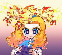 Rule 34 | 1girl, 4boys, animal ears, animal nose, binoculars, blonde hair, blue eyes, chibi, clone, closed mouth, commentary, english commentary, film grain, floating, furry, furry male, gloves, gradient background, hands on another&#039;s head, highres, holding, holding binoculars, long hair, maria robotnik, merry bongbong, mini person, miniboy, multiple boys, outline, shadow the hedgehog, shoes, simple background, smile, sonic (series), super shadow, tail, tears, upper body, white gloves, yellow outline