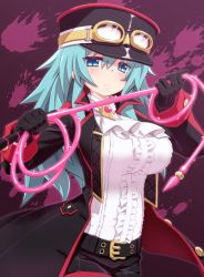 Rule 34 | 1girl, blue eyes, blue hair, blush, goggles, hat, mary skelter, mizunashi (second run), sleeping beauty (mary skelter), solo, whip