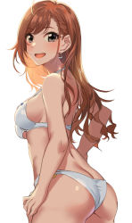 Rule 34 | 1girl, absurdres, ahoge, arisugawa natsuha, ass, bare arms, bare shoulders, bikini, breasts, brown hair, commentary request, earrings, from side, green eyes, highres, idolmaster, idolmaster shiny colors, jewelry, kurokin, long hair, medium breasts, sideboob, simple background, solo, swimsuit, white background, white bikini