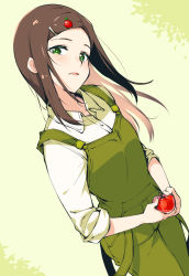 Rule 34 | 1girl, apple, aqua pupils, bright pupils, brown hair, buttons, collared shirt, dress shirt, dutch angle, elysion, food, fruit, green background, green eyes, green overalls, hair ornament, hairclip, holding, holding food, holding fruit, long hair, open mouth, overalls, shirt, sleeves rolled up, solo, sound horizon, straight hair, white shirt, yield, youhei 64d