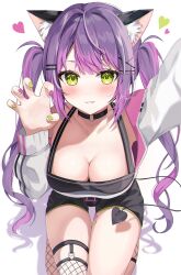 Rule 34 | 1girl, absurdres, animal ears, breasts, cat ears, cleavage, green eyes, highres, hololive, long hair, looking at viewer, medium breasts, purple hair, rojineco nene, simple background, smile, solo, tokoyami towa, twintails, virtual youtuber